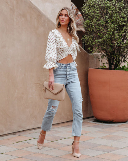 Edna Cotton Blend Crochet Polka Dot Crop Top - Cream