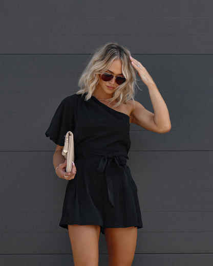 Donna One Shoulder Front Tie Romper - Black