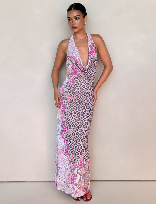 CATALINA MAXI DRESS - NEUTRAL : ANIMAL : ANIMAL FLORAL BORDER