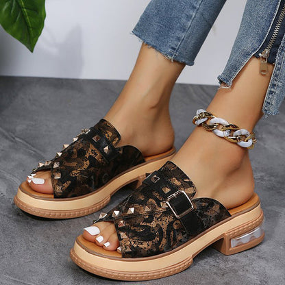 Fish Mouth Toe Colorblock Snakeskin Rivets Slippers