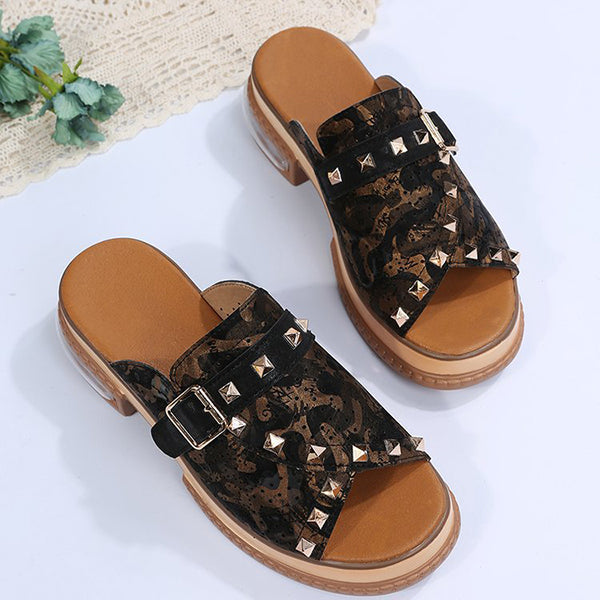Fish Mouth Toe Colorblock Snakeskin Rivets Slippers