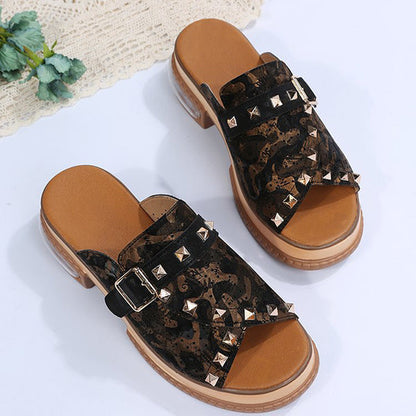 Fish Mouth Toe Colorblock Snakeskin Rivets Slippers