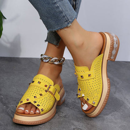 Fish Mouth Toe Colorblock Snakeskin Rivets Slippers