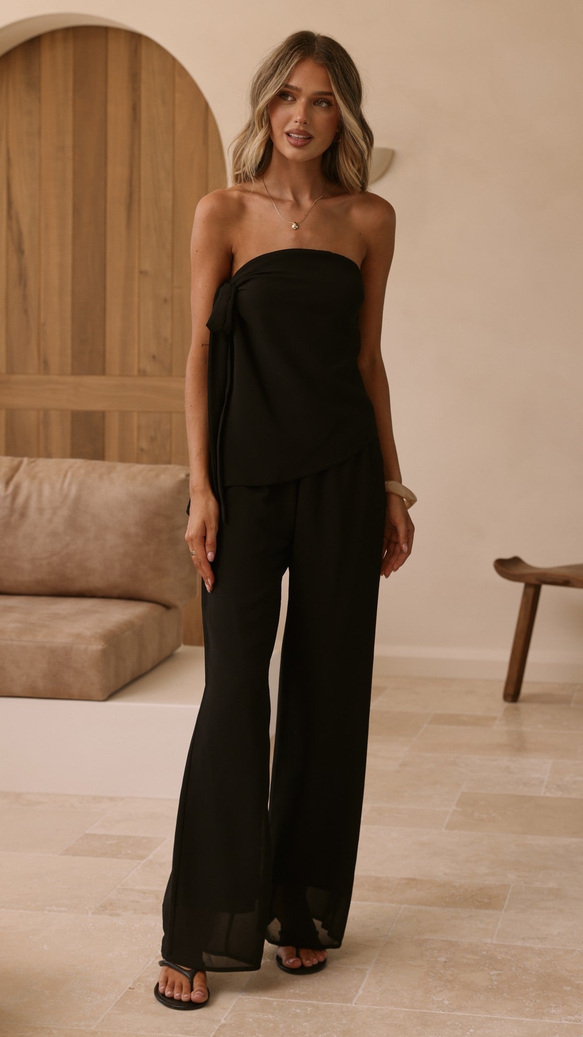 Zabrina Semi Sheer Strapless Top and Pants Set - Black