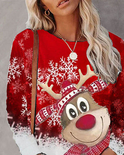Christmas Tree Snowflake Elk Print Long Sleeve Top